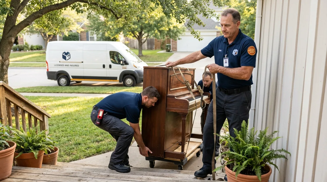 Licensed piano movers securing grand piano in Madison, OH