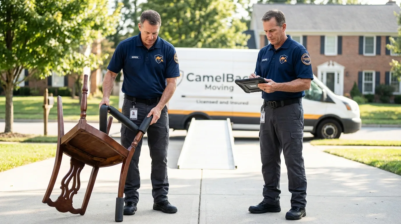 Movers inspecting furniture for damage prevention before loading in Madison, OH