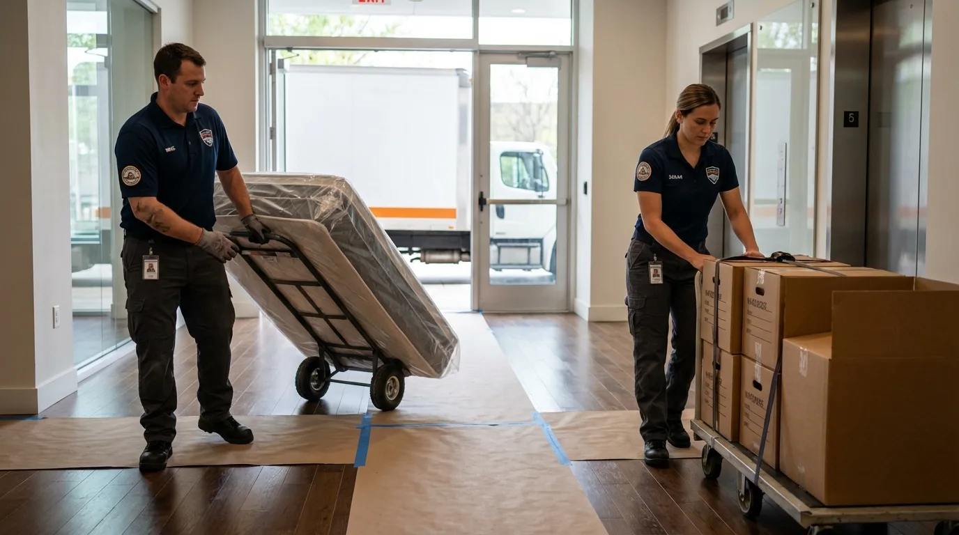 Professional apartment movers loading elevator in Madison, OH
